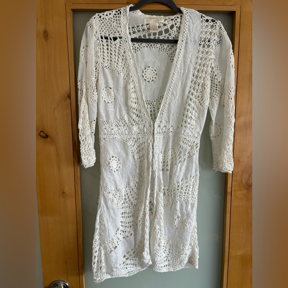Kroshetta open front cover up Size S. Embroidered embellished crochet. Vintage